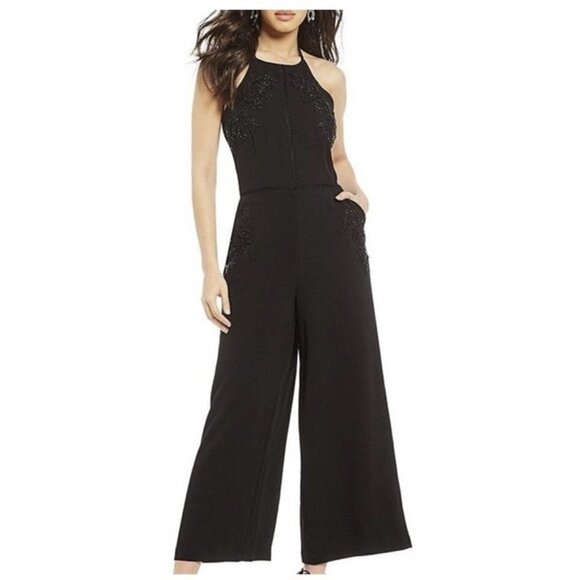 Gianni Bini Pants - Gianni Bini Halter Wide Leg Beaded Black Jumpsuit